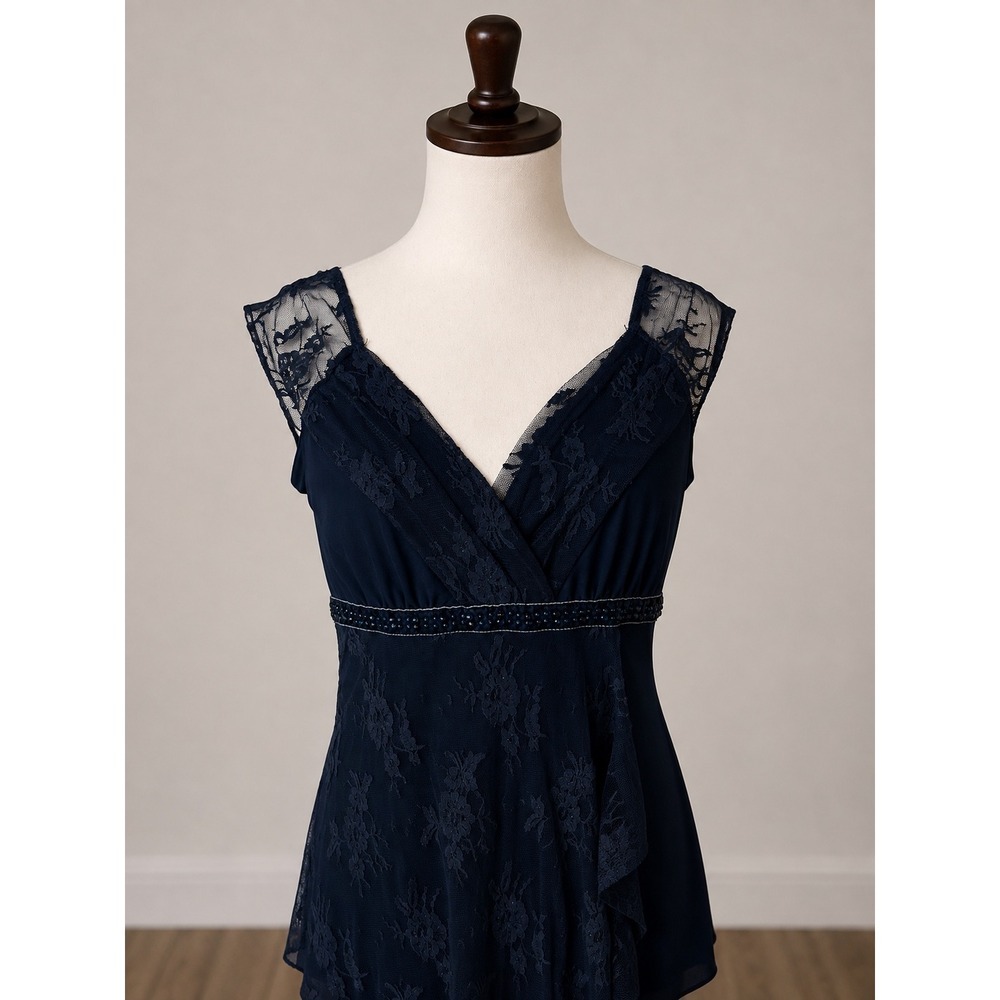 Navy Blue Lace Beaded Empire Waist Asymmetrical Hem Sleeveless Top XL